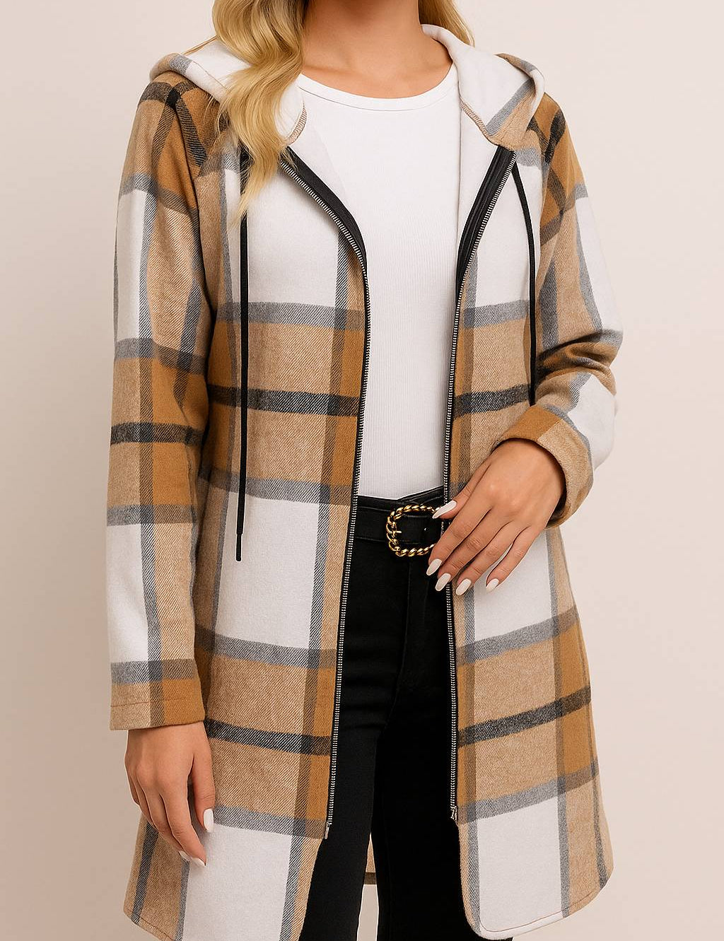 Front view of a women’s camel and white plaid zip-up hooded coat with drawstring hood, drop-shoulder long sleeves and side hand pockets; rounded hem
