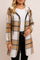Front view of a women’s camel and white plaid zip-up hooded coat with drawstring hood, drop-shoulder long sleeves and side hand pockets; rounded hem