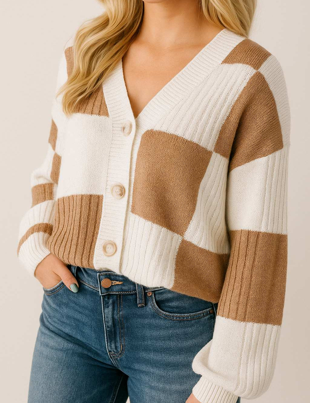 Front three-quarter view of the caramel and ivory colorblock knit V-neck button-up cardigan showing the oversized buttons, drop-shoulder cut and ribbed trims.