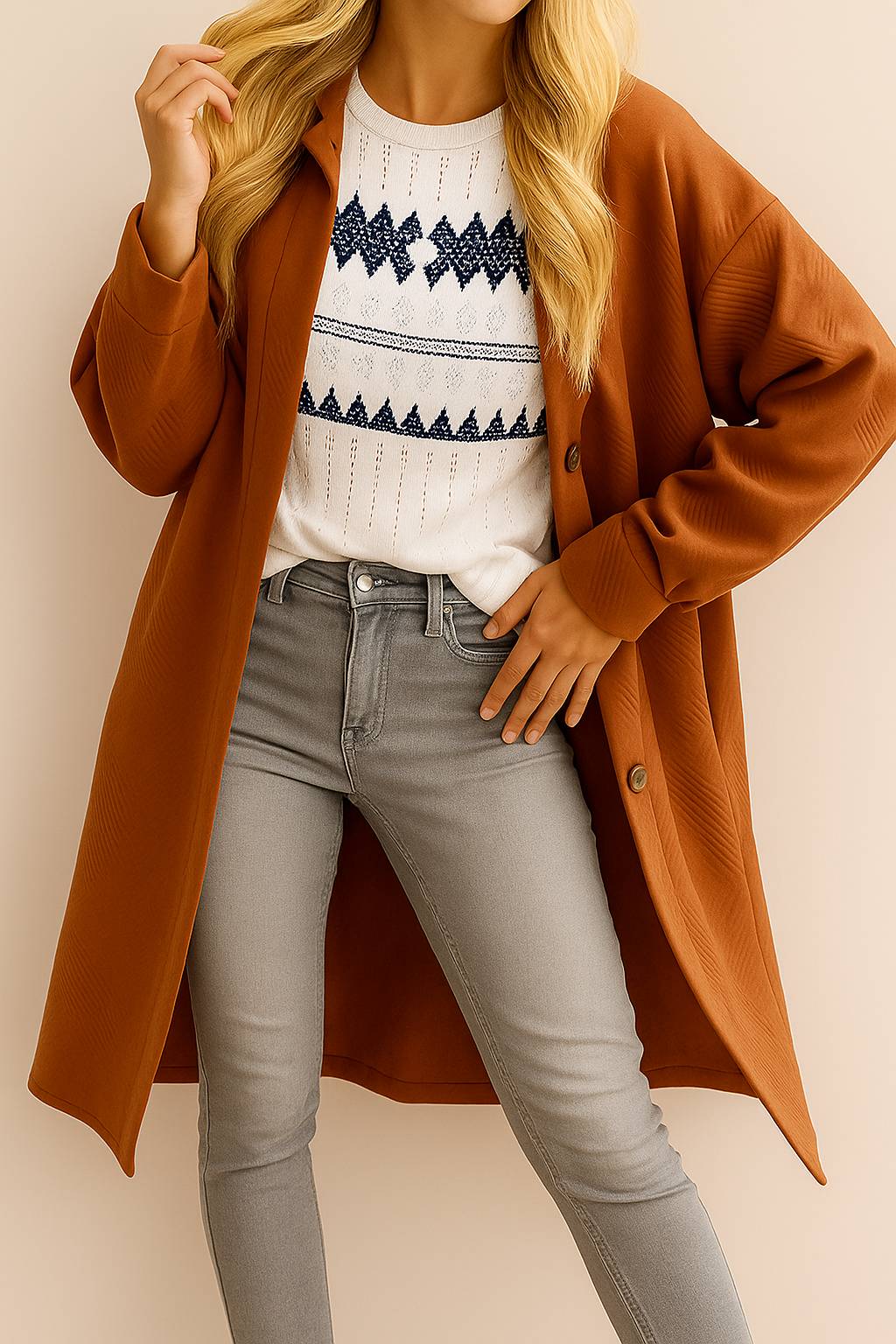 Centered front view of the caramel textured button-down collared longline coat; drop-shoulder sleeves and relaxed fit visible.