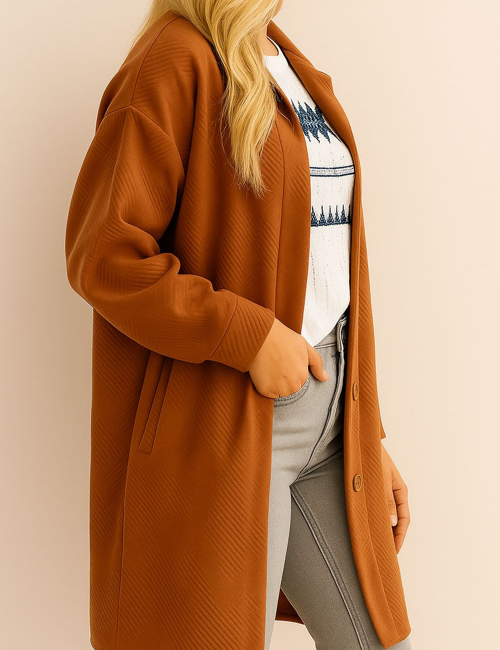 Left side view of the caramel textured button-down collared longline coat showing the drop-shoulder sleeve and slant welt pocket opening.