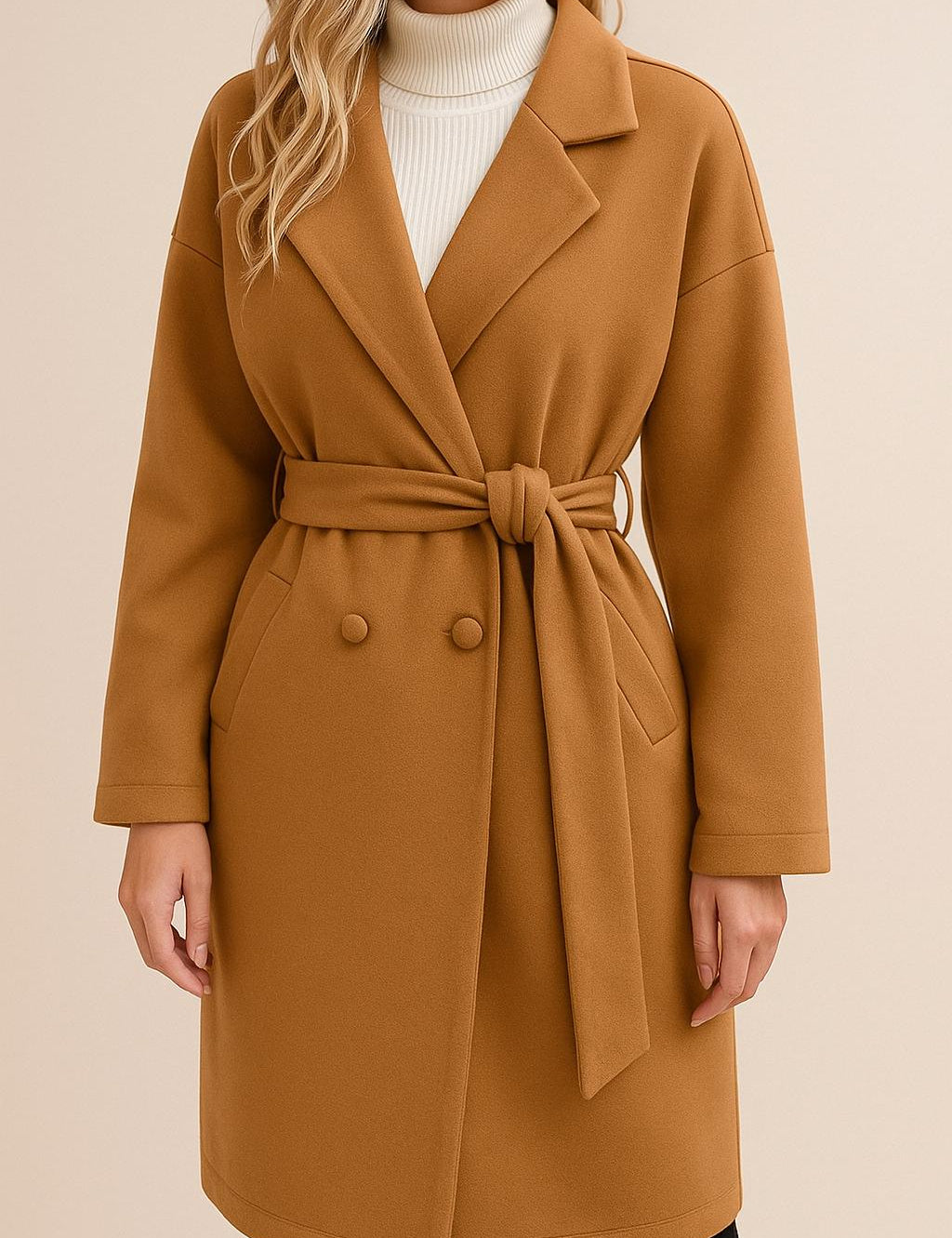 Front view of a women’s caramel tie-waist longline coat with notched lapel, double-breasted front, drop-shoulder long sleeves and slant welt pockets; straight rounded hem