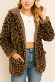 Back view of the chestnut leopard hooded coat with full leopard pattern and rounded hem