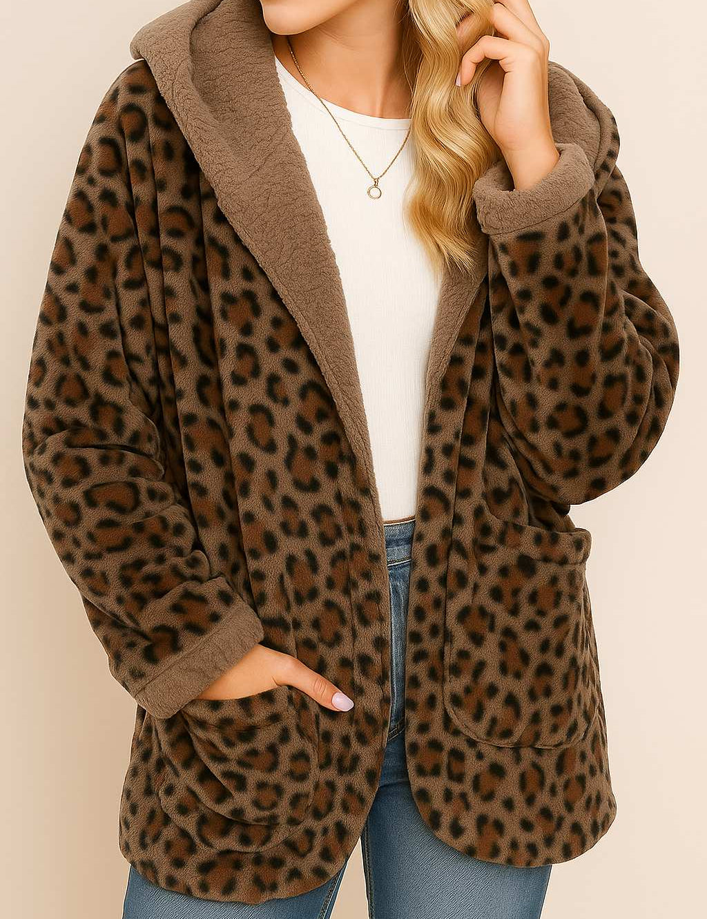 Front view of the chestnut leopard hooded coat with open front, long sleeves and rounded patch pockets.