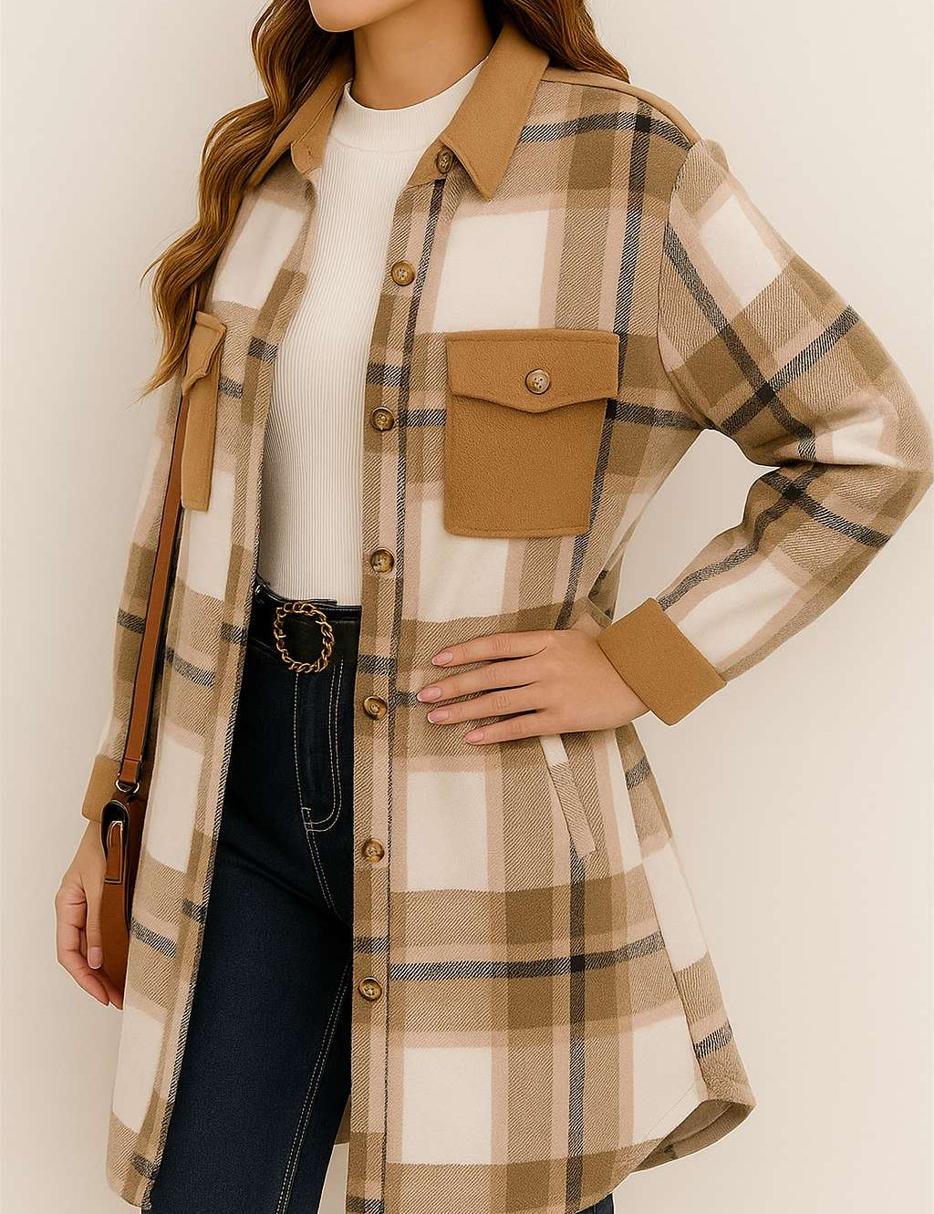 Front three-quarter view of a women’s coffee-brown and ivory plaid button-up longline coat with a shirt collar, long sleeves, flap chest pockets and slant hand pockets, rounded hem.
