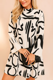Cream abstract-print mock-neck mini dress with smooth front panel and gentle sleeve volume — centered front view.