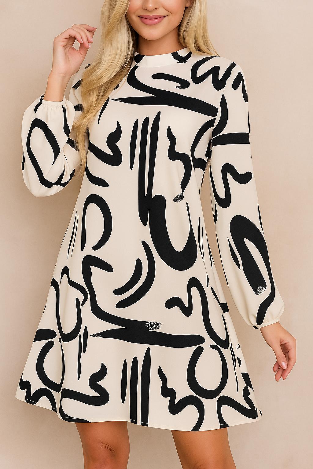 Cream abstract-print mock-neck long-sleeve mini dress with lightweight fabric and soft trapeze line — relaxed front view