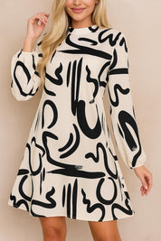 Cream abstract-print mock-neck long-sleeve mini dress with lightweight fabric and soft trapeze line — relaxed front view