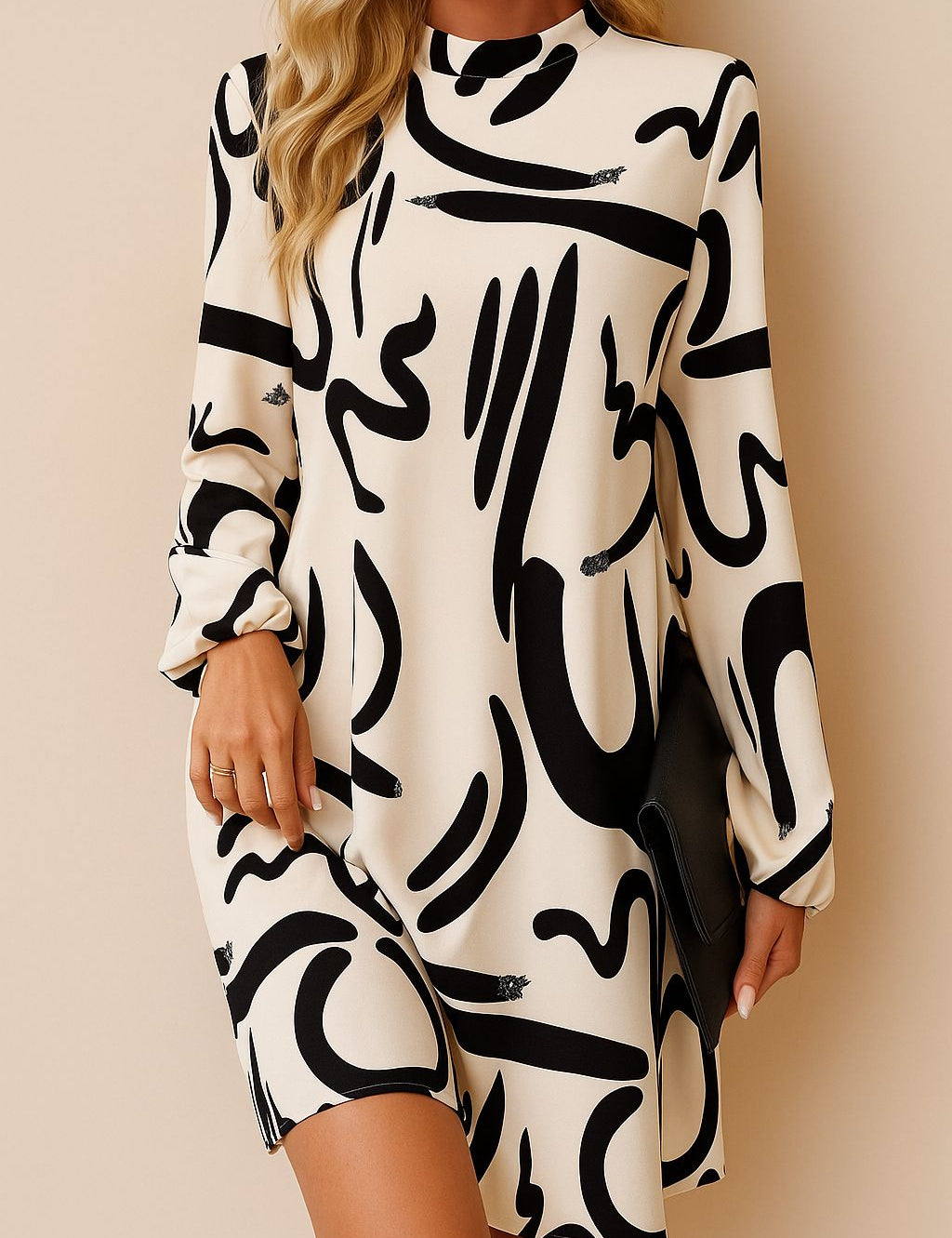 Women’s cream abstract-print mock-neck long-sleeve mini dress with A-line shift cut and straight hem — front view