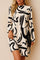 Women’s cream abstract-print mock-neck long-sleeve mini dress with A-line shift cut and straight hem — front view