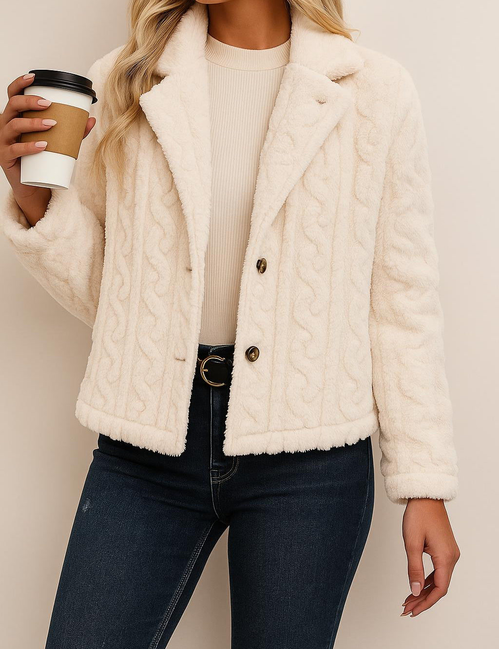 Front view of a women’s cream fuzzy button-up short jacket with a notched lapel collar, long sleeves and a straight hem.