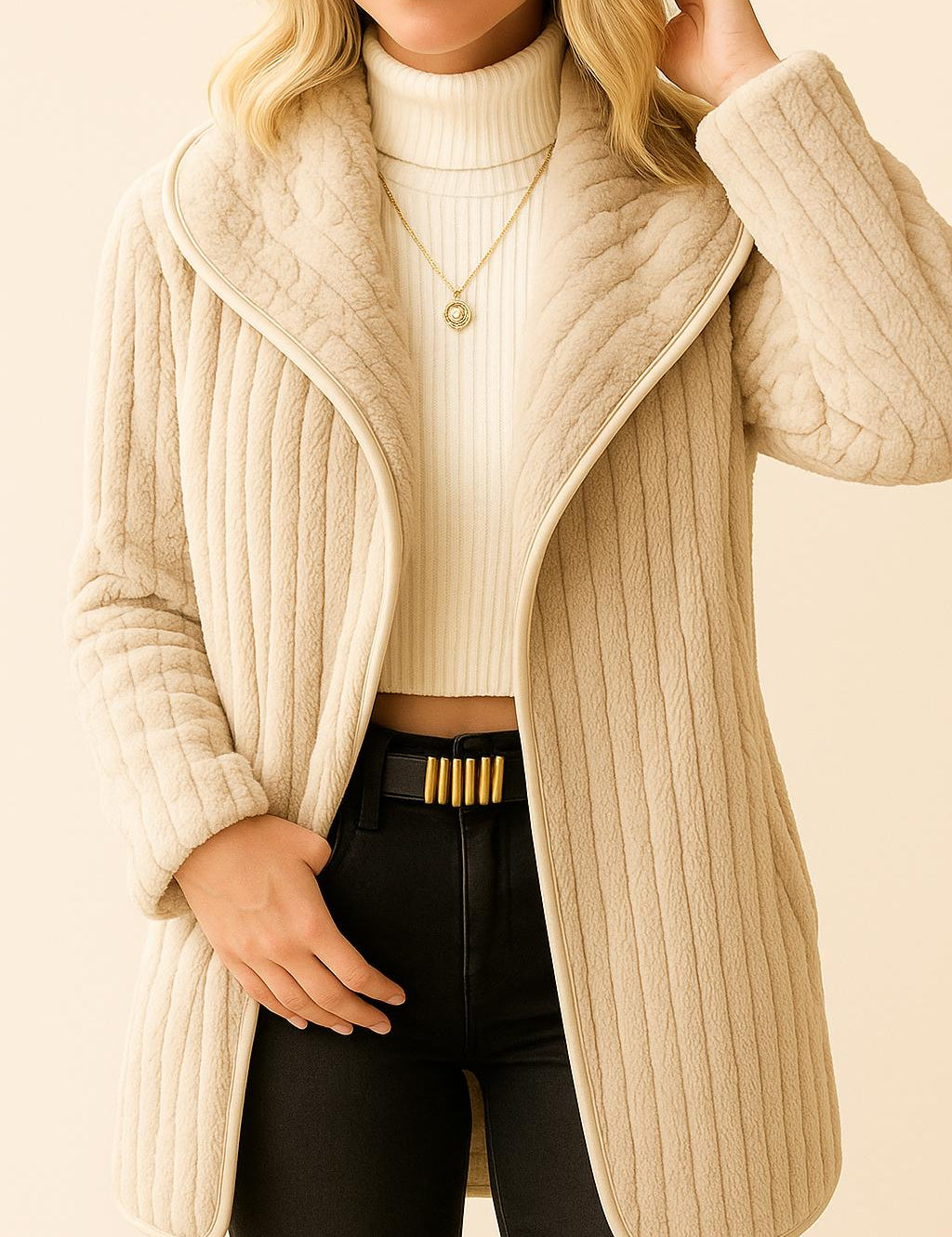 Front detail view of the cream ribbed hooded coat showing the open front, plush facing and long sleeves