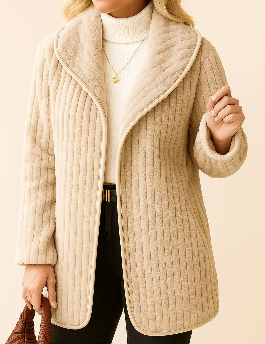 Front detail view of an open-front cream ribbed hooded coat with long sleeves, wide lapels and rounded hem