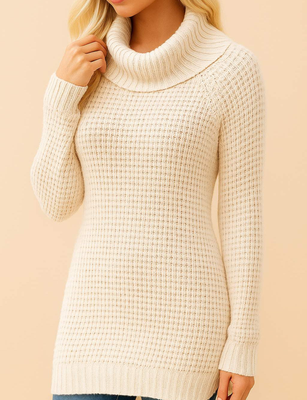 Left three-quarter view of the cream turtleneck waffle-knit tunic sweater highlighting the wide roll neck, long sleeves and textured knit.