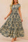 Women’s dark-blue boho-print V-neck cap-sleeve maxi dress with smocked waist and tiered hem — front view.