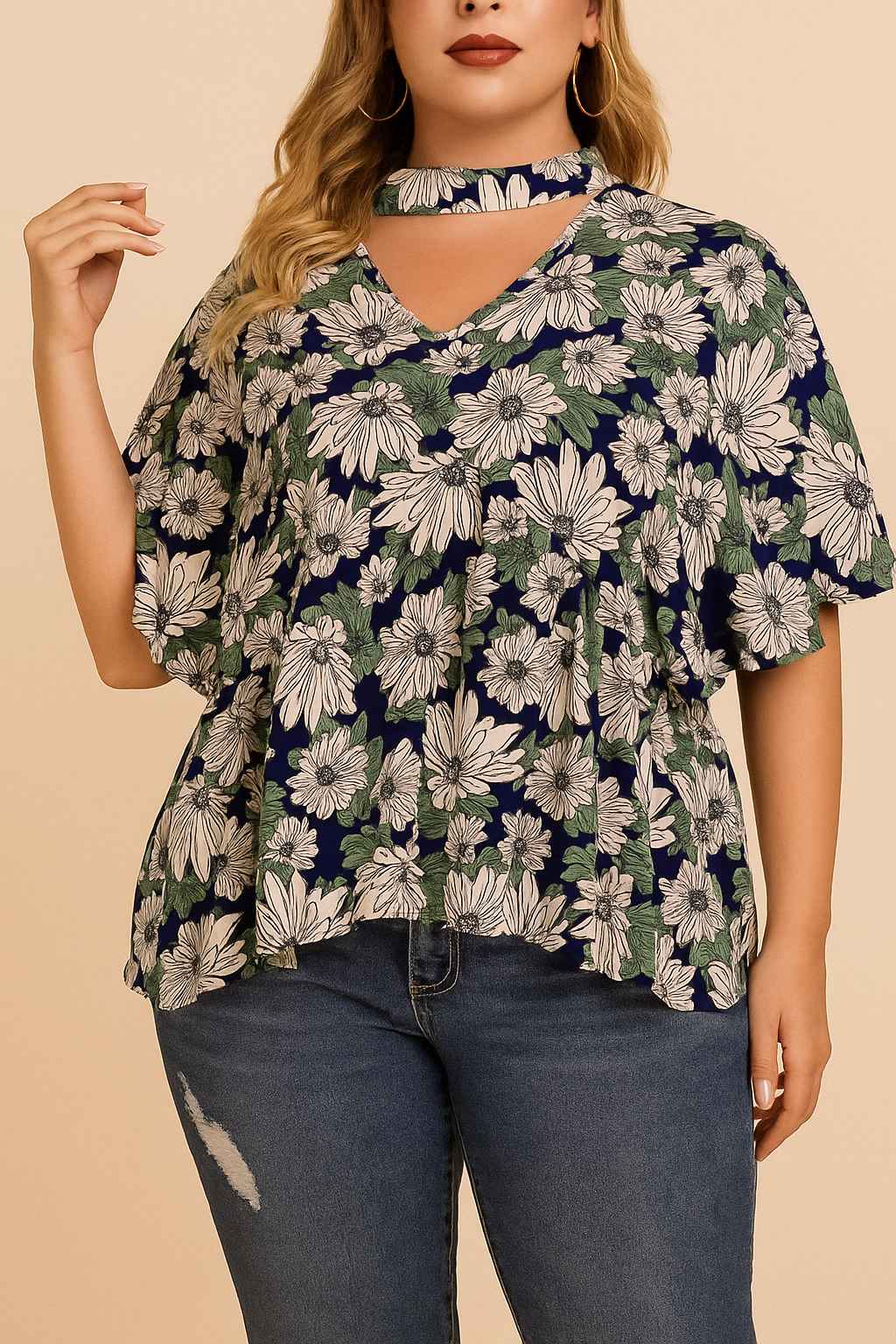 Straight front view of the dark blue floral blouse with cutout choker V-neckline and flutter sleeves; relaxed fit with curved hem