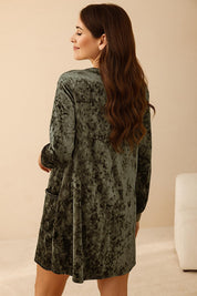 Dark-green velvet mini dress with plush texture, clean back panel and straight mini hem — back view