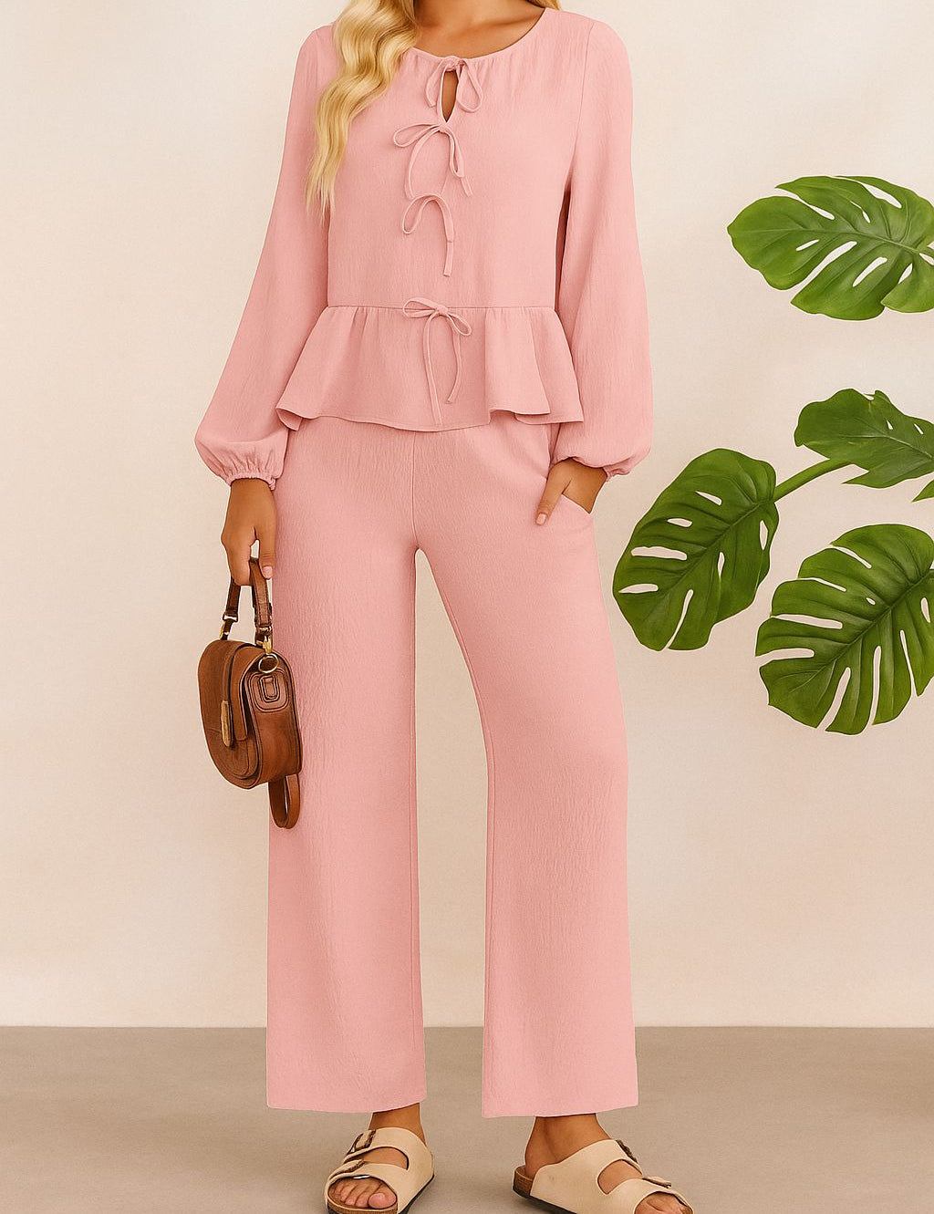Front view of a dusty pink tie-front peplum blouse with matching wide-leg pants on an elastic waist.