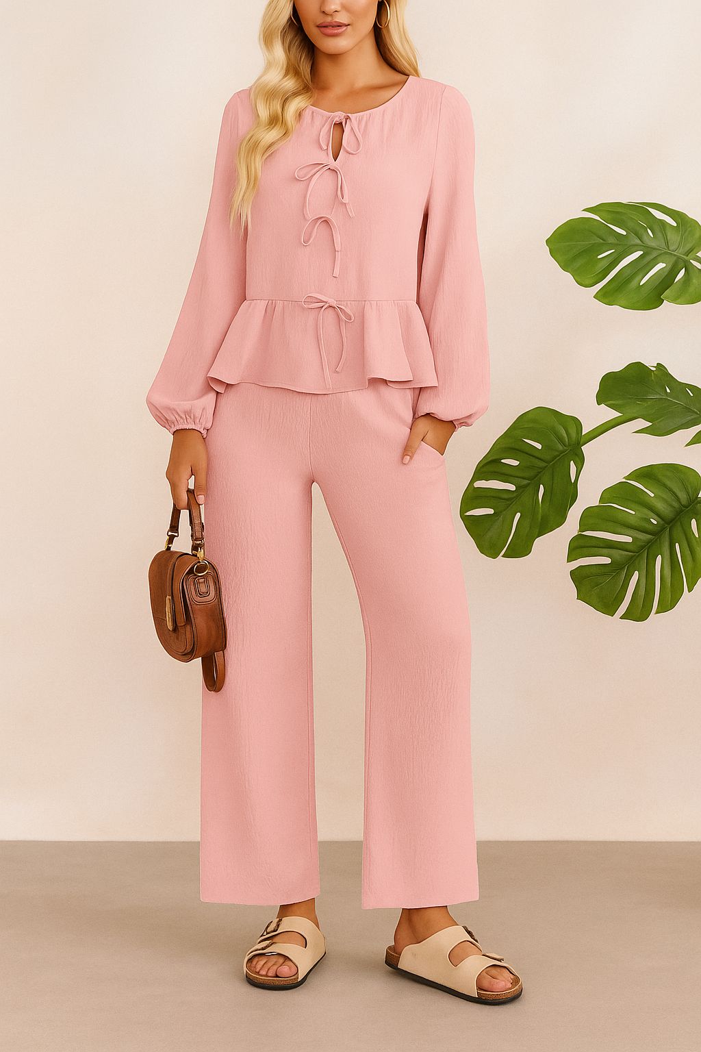 Front view of a dusty pink tie-front peplum blouse with matching wide-leg pants on an elastic waist.