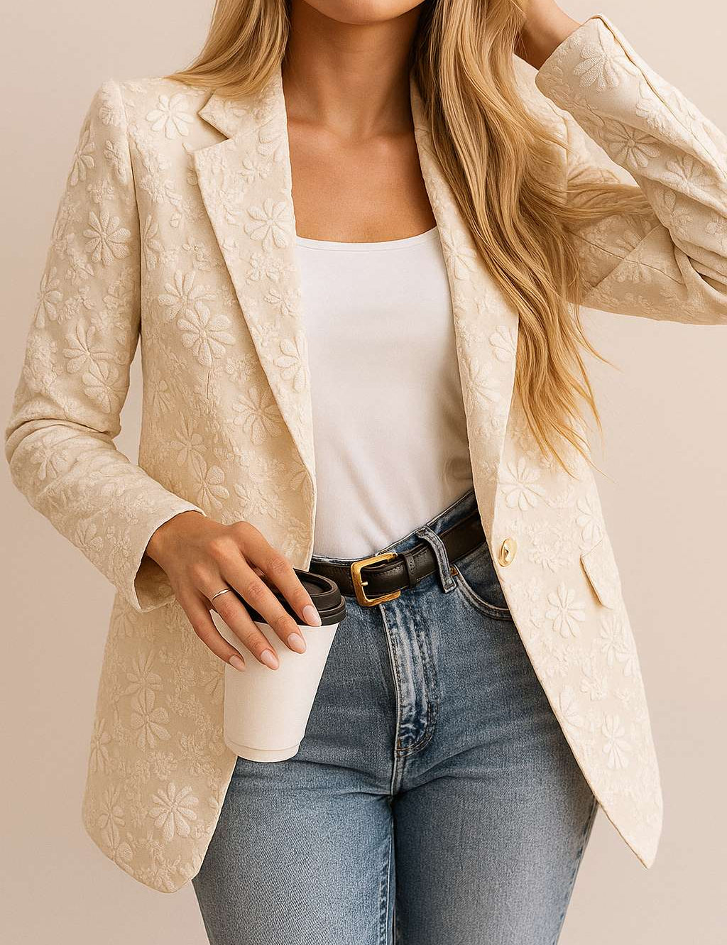 Front three-quarter view of an eggshell floral jacquard one-button blazer with notched lapel, long sleeves and a tailored fit.