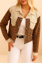 Leopard Print Colorblock Corduroy Jacket