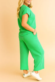 Ribbed Knit Round Neck Top and Pants Casual Set