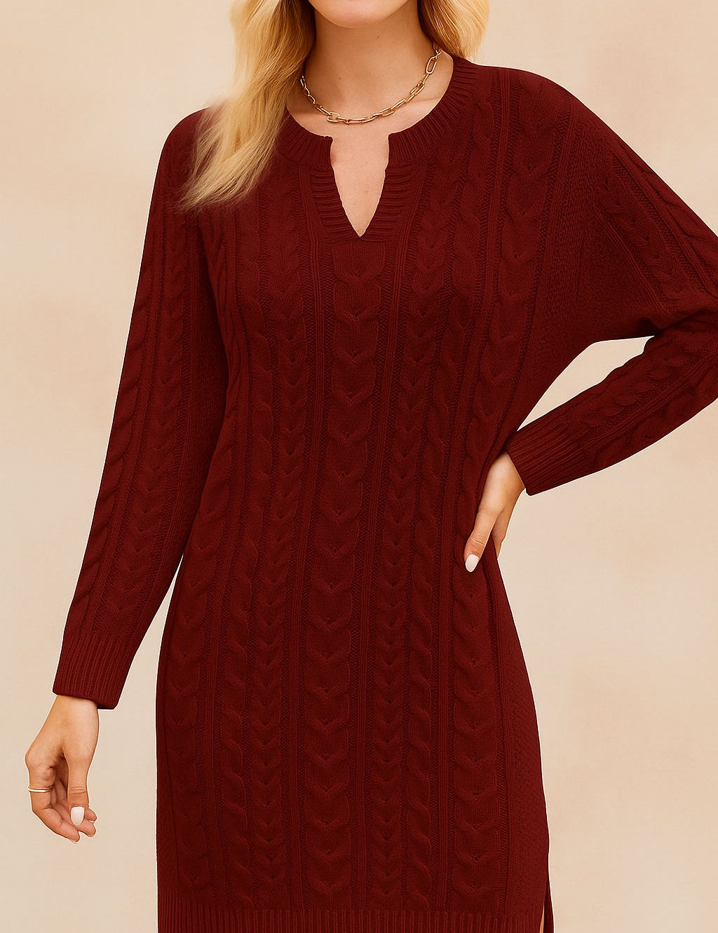 Notched Neck Cable-Knit Slit Sweater Dress