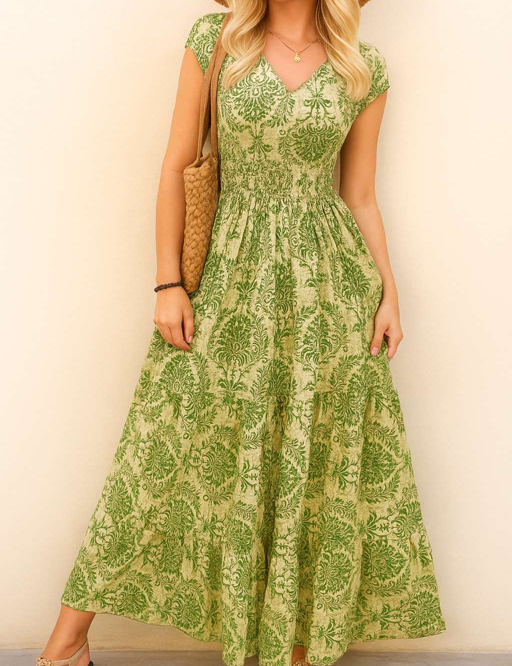 Green boho-print V-neck cap-sleeve maxi dress with smocked bodice and relaxed drape — centered front view