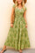 Green boho-print V-neck cap-sleeve maxi dress with smocked bodice and relaxed drape — centered front view
