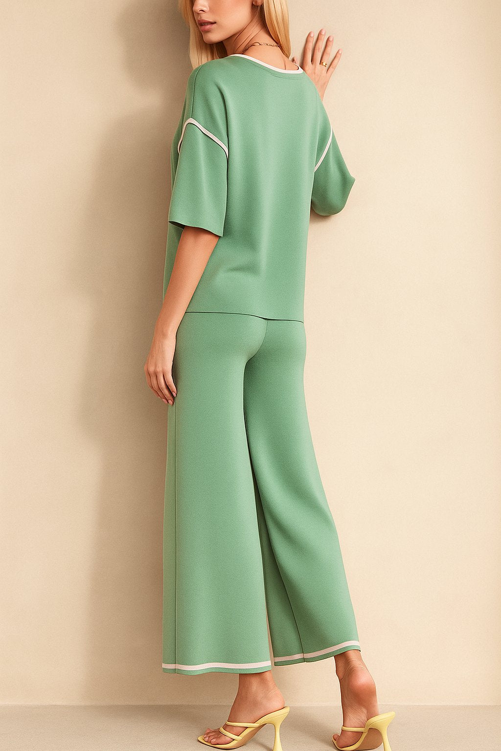 Back view of the Gum Leaf contrast-trim lounge set with elbow sleeves and wide-leg pants