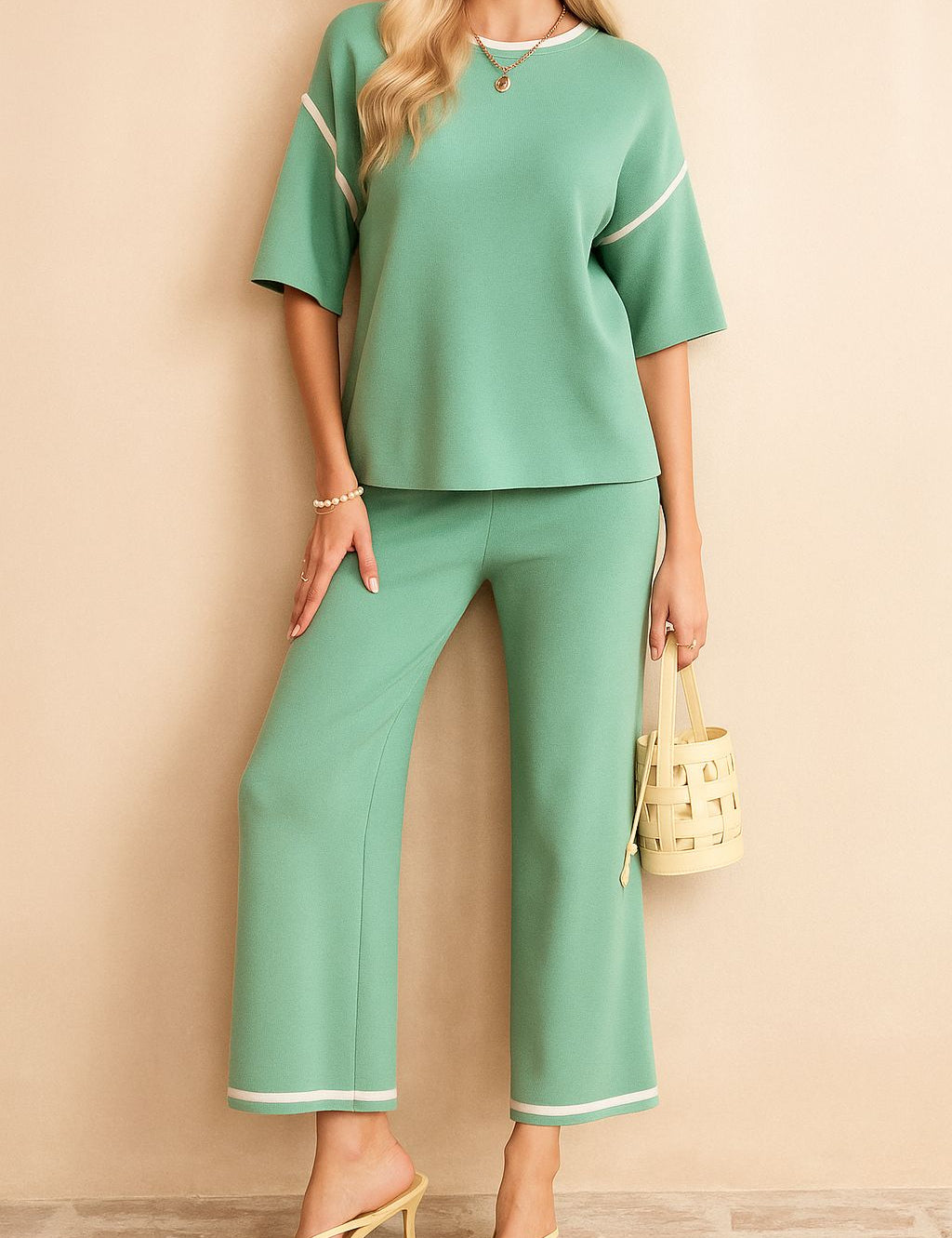 Front view of a women’s Gum Leaf lounge set with elbow-sleeve top and wide-leg pants finished with white contrast trim