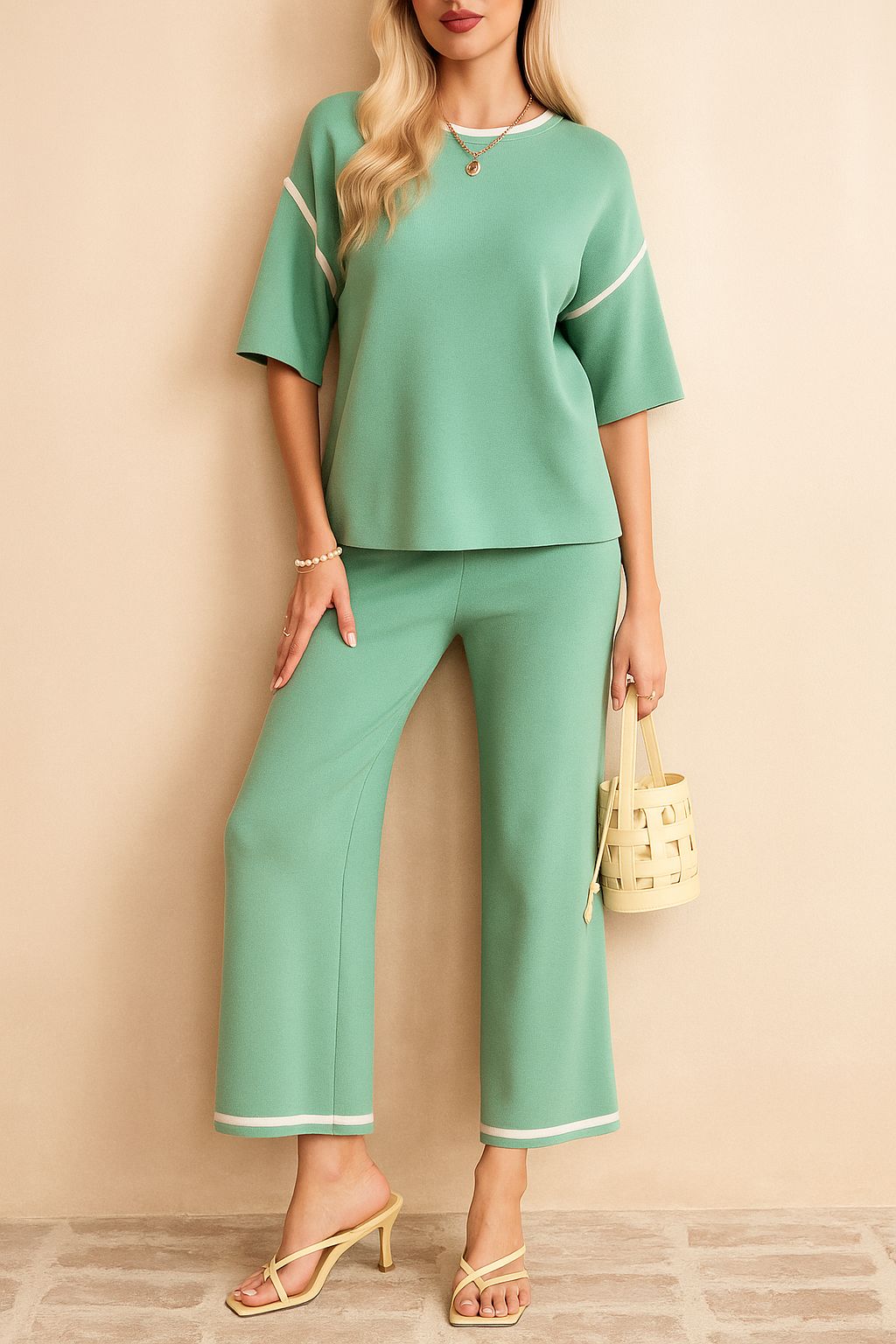 Front view of a women’s Gum Leaf lounge set with elbow-sleeve top and wide-leg pants finished with white contrast trim