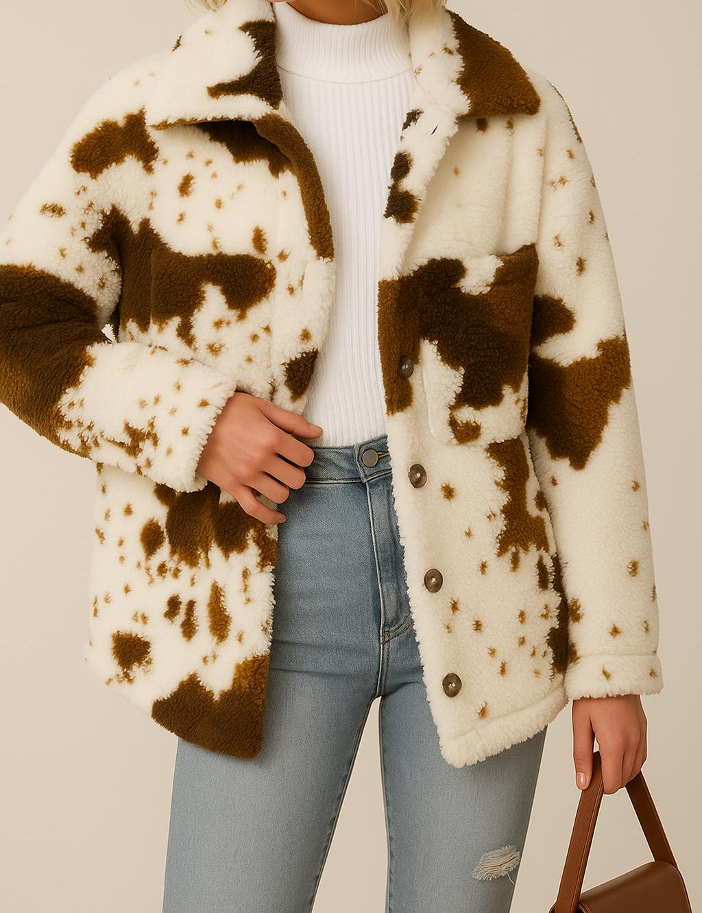 Front view of an ivory and brown cow-print fuzzy button-up jacket with a shirt collar, long sleeves and patch pockets