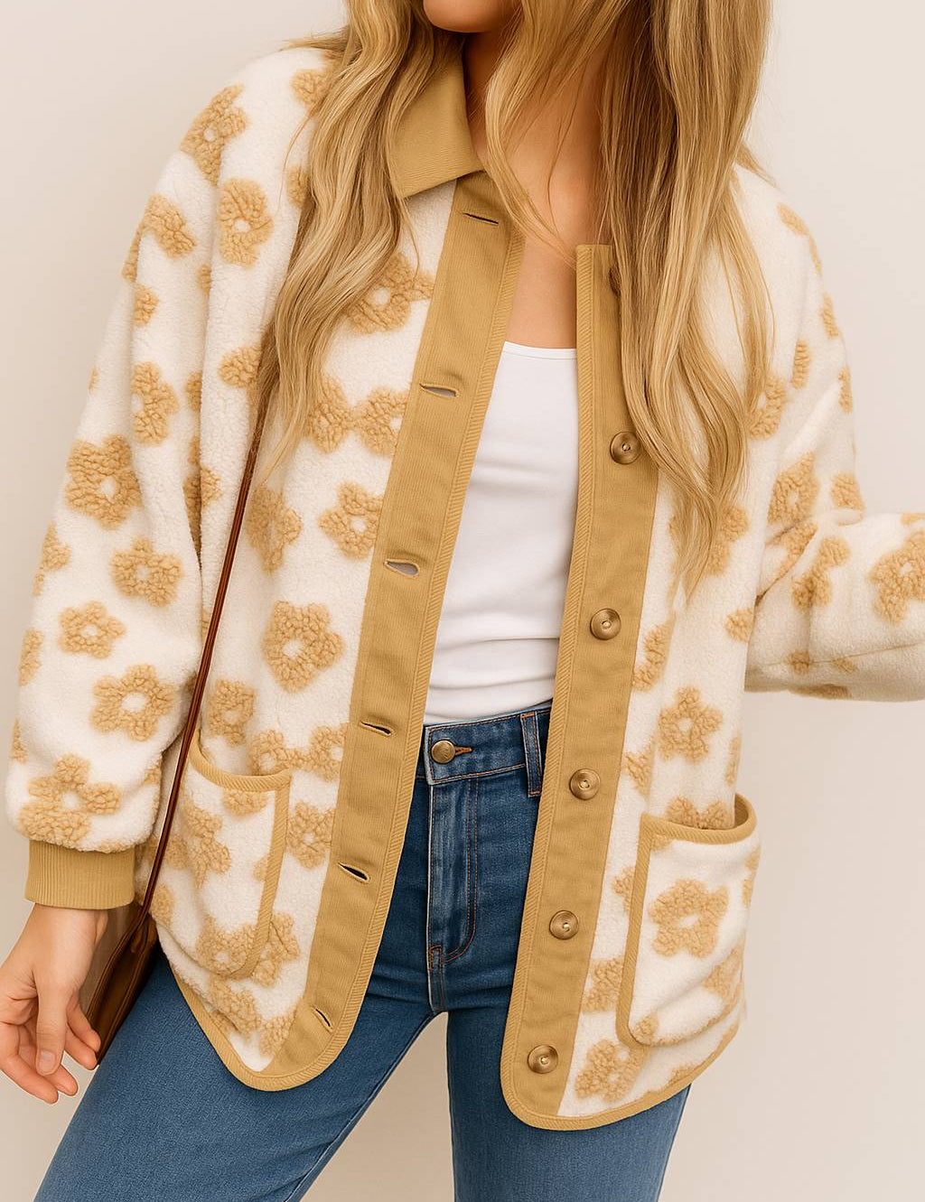 Front view of a women’s ivory sherpa jacket with camel floral texture, shirt collar and corduroy trim, button-front, patch pockets and ribbed cuffs.