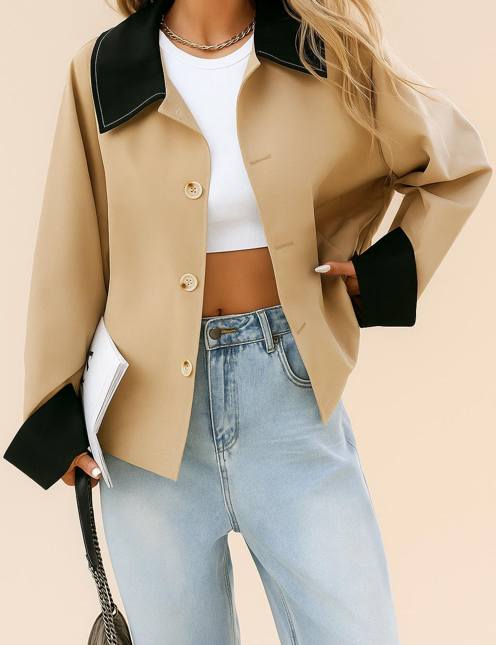 Front view of the khaki color-block button-up jacket with black contrast collar, drop-shoulder sleeves and slant welt pockets; buttons visible
