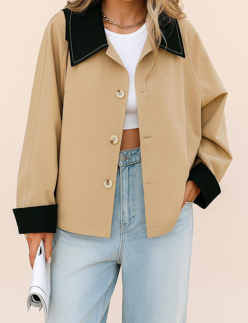 Front view of a women’s khaki color-block button-up casual jacket with black contrast shirt collar and cuffs, drop-shoulder sleeves and slant welt pockets.