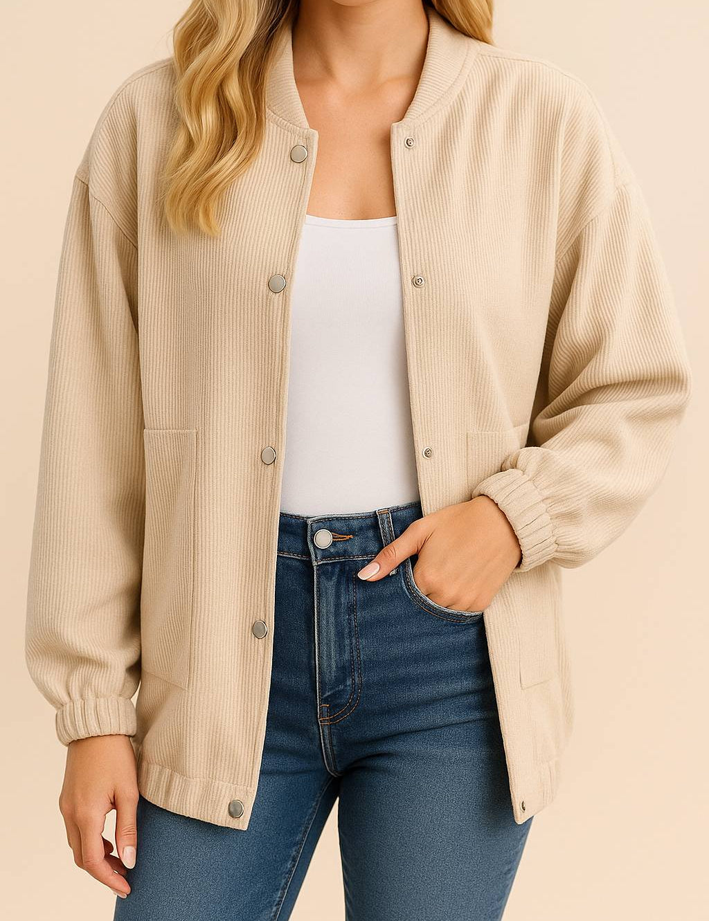 Front view of a women’s khaki corduroy snap-button jacket with rib-knit stand collar, subtle drop-shoulder long sleeves, elastic cuffs and slant welt pockets; elastic hem