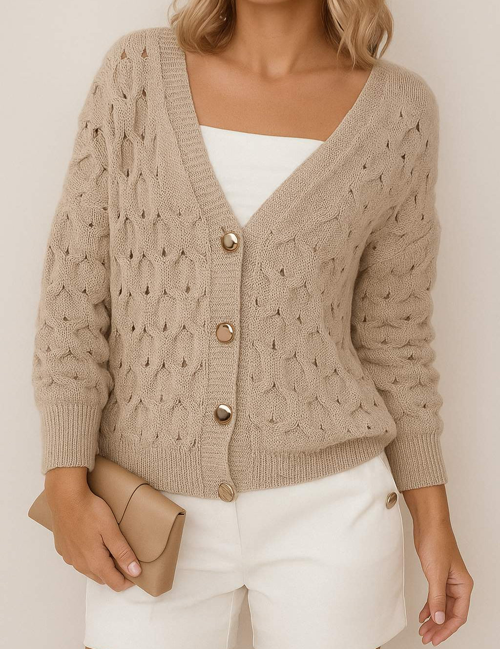 Front view of a women’s khaki textured V-neck cardigan with gold-tone button-front, balloon sleeves, and ribbed cuffs and hem.