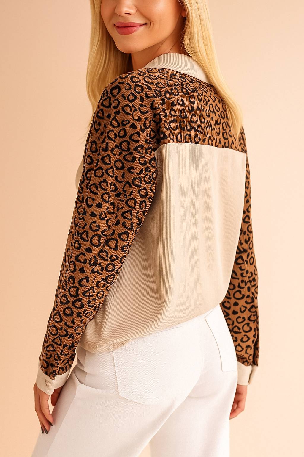 Leopard Print Colorblock Corduroy Jacket