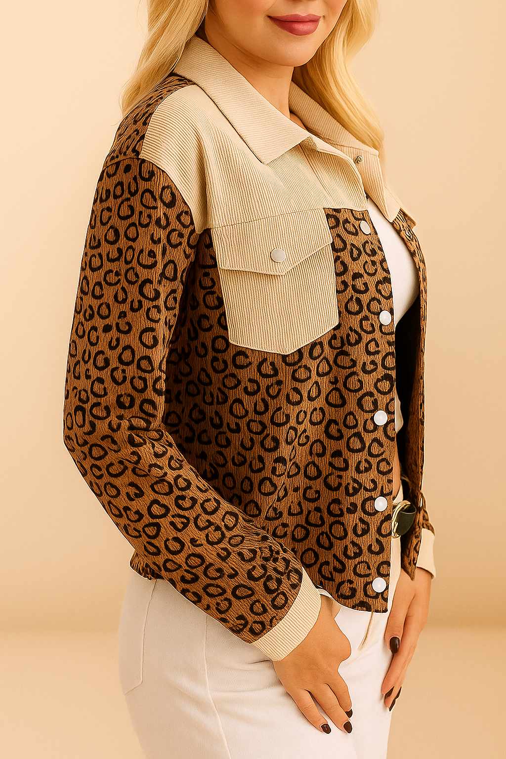 Leopard Print Colorblock Corduroy Jacket