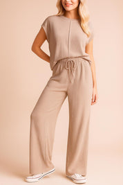 Front view of the mocha ribbed lounge set with exposed-seam short-sleeve top and wide-leg pants.