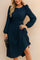 Women’s navy-blue belted pleated long-sleeve midi dress with crew neckline and covered buckle belt — front view