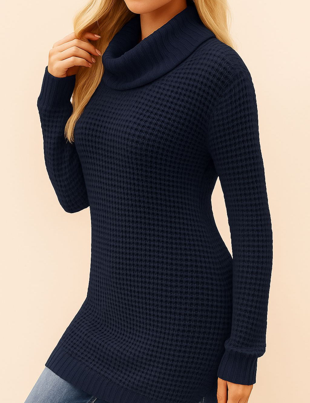 Left three-quarter view of a navy turtleneck waffle-knit tunic sweater with long sleeves, ribbed cuffs and a clean drop-tail hem