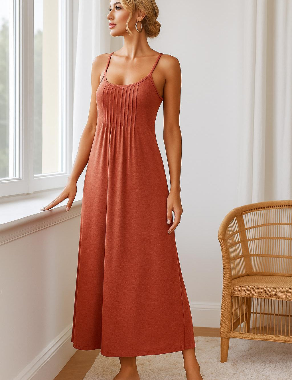 Sleeveless terracotta nightgown with thin straps and pleated front — soft fabric, full-length comfort

