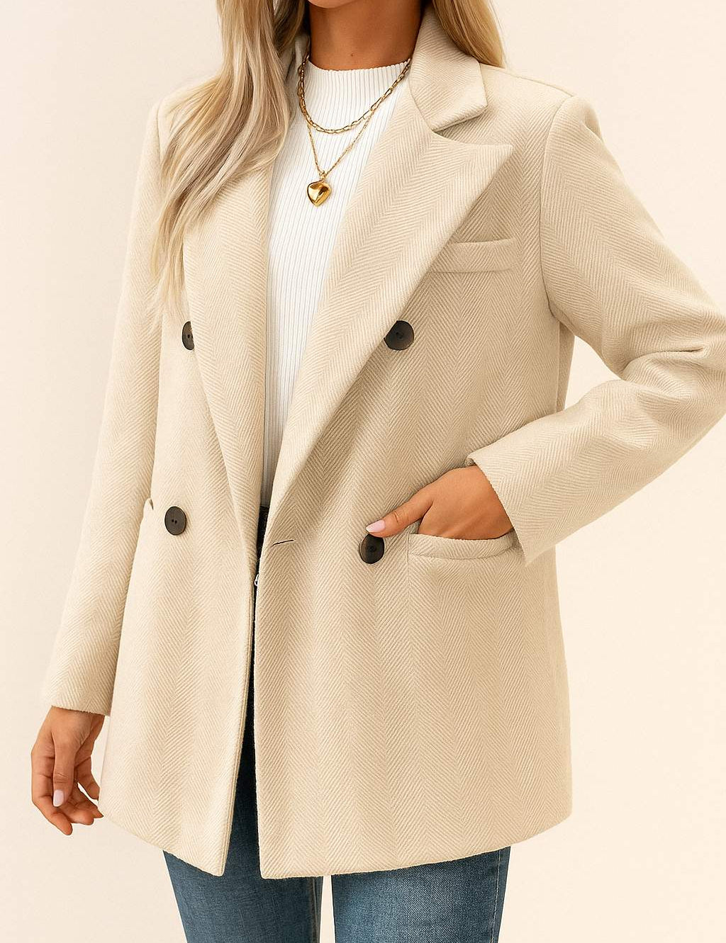 Front view of a women’s oatmeal beige herringbone double-breasted coat with notched lapel, long sleeves, welt pockets and a straight hem.
