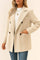 Front view of a women’s oatmeal beige herringbone double-breasted coat with notched lapel, long sleeves, welt pockets and a straight hem.