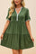 Women’s olive green lace-trim mini dress with flounce short sleeves and tiered skirt — front three-quarter view