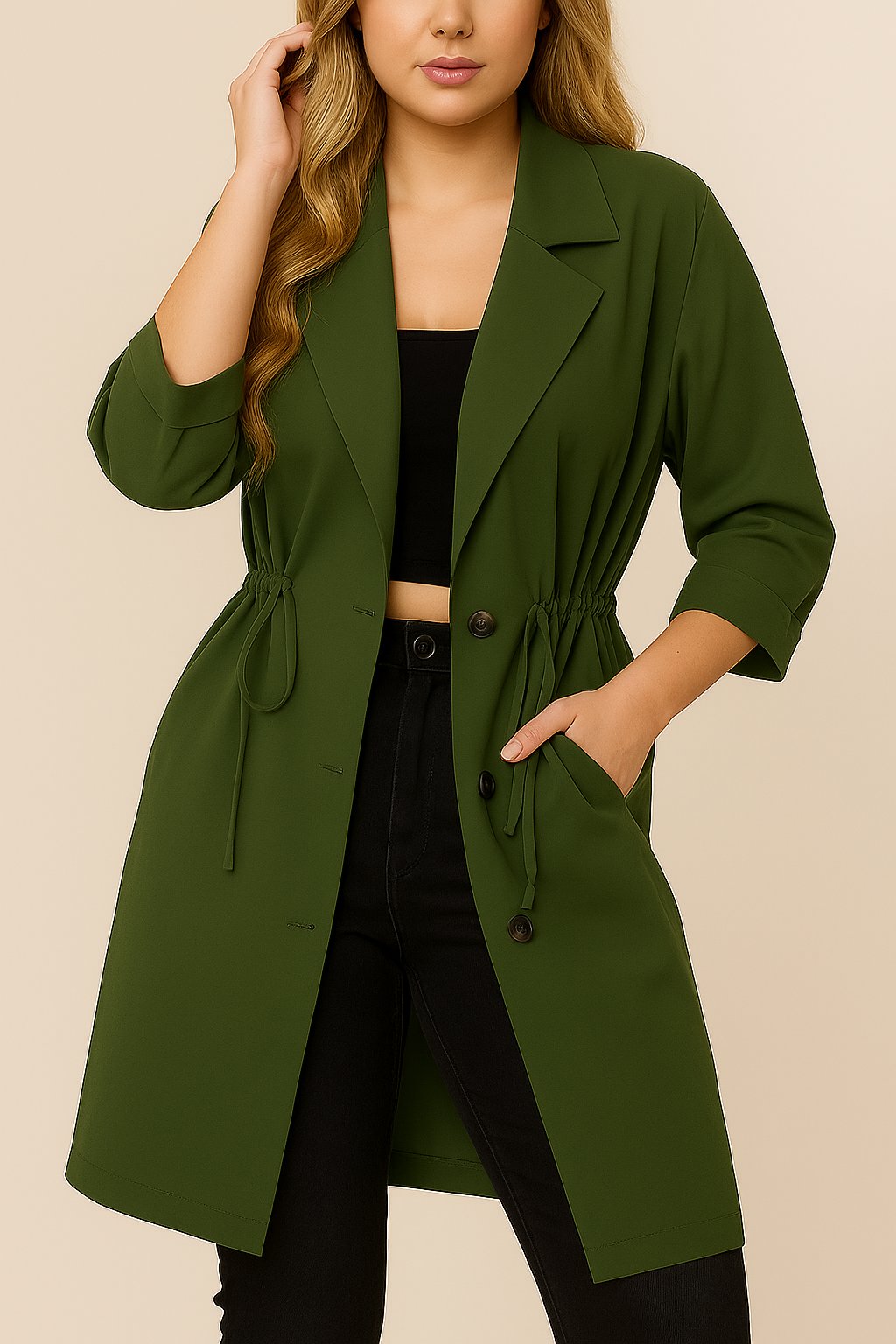 Front three-quarter view of the olive green plus-size lapel trench coat with roll-tab sleeves, button front and drawstring waist.