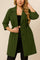 Front view of a women’s olive green plus-size lapel trench coat with roll-tab sleeves, drawstring waist and slant welt pockets; rounded straight hem.