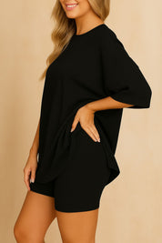 Oversized black lounge set with round neck top and shorts, available in plus sizes